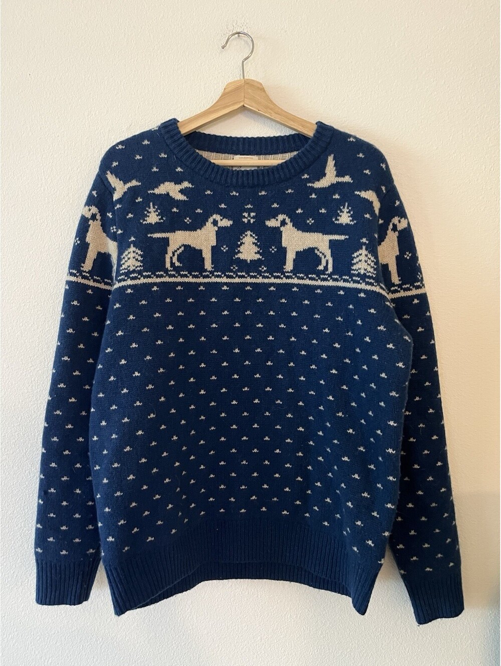 J Crew Wool Sweater Mens Blue Dog Duck Hunting Christmas Warm L